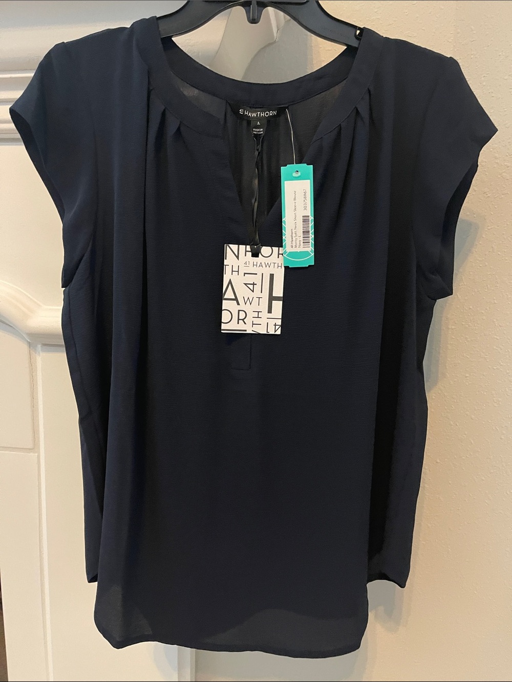 41 Hawthorn Navy Short Sleeve Pleated Notch Neck Blouse